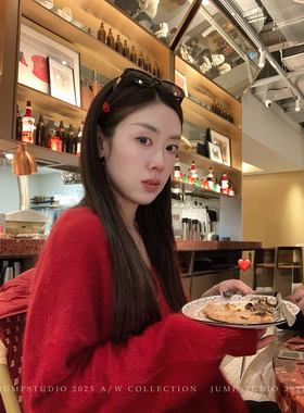 草莓跳 复古慵懒v领拉毛套头毛衣女冬季宽松显瘦休闲内搭针织上衣