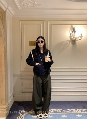 草莓跳美式复古弯刀休闲裤女秋季高腰显瘦香蕉裤百搭阔腿拖地裤子