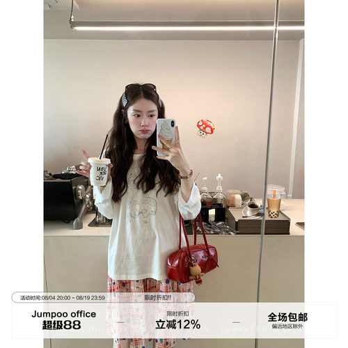 草莓跳 慵懒风美人鱼印花长袖T恤女夏季新款宽松休闲显瘦百搭上衣