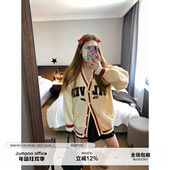 女秋季 草莓跳 复古学院风撞色字母针织开衫 慵懒风宽松v领毛衣外套