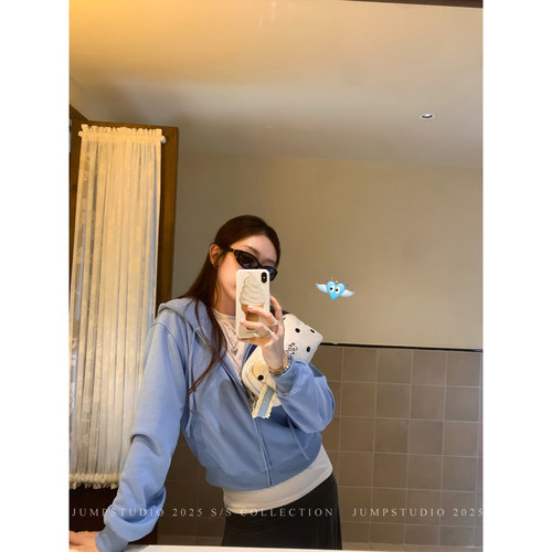 草莓跳 美式复古纯色拉链连帽卫衣女秋季慵懒风显瘦短款开衫外套