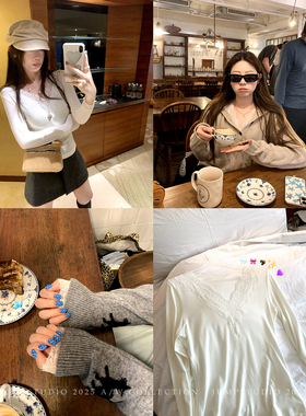 草莓跳性感蕾丝v领七分袖T恤女冬季设计感内搭打底衫修身显瘦上衣