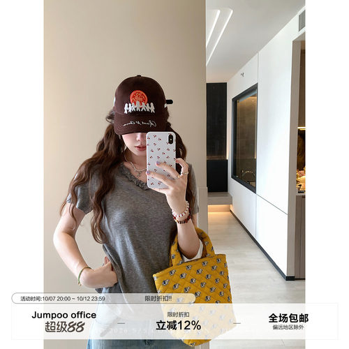 草莓跳 莱赛尔韩系花边v领短袖T恤女夏季设计感宽松显瘦休闲上衣