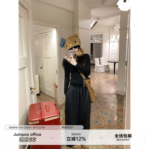 草莓跳 复古格纹系带加绒休闲裤女冬季松紧腰阔腿拖地百搭裤子