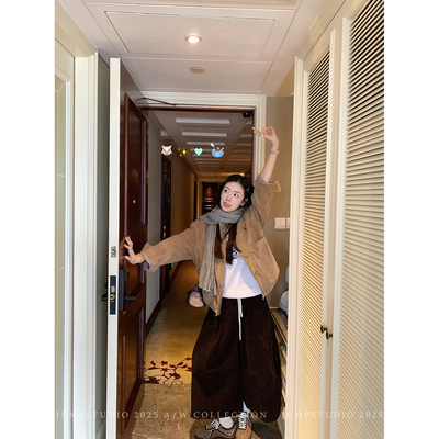 草莓跳 抽绳松紧灯芯绒九分中裤女秋季设计感高腰显瘦休闲裤子