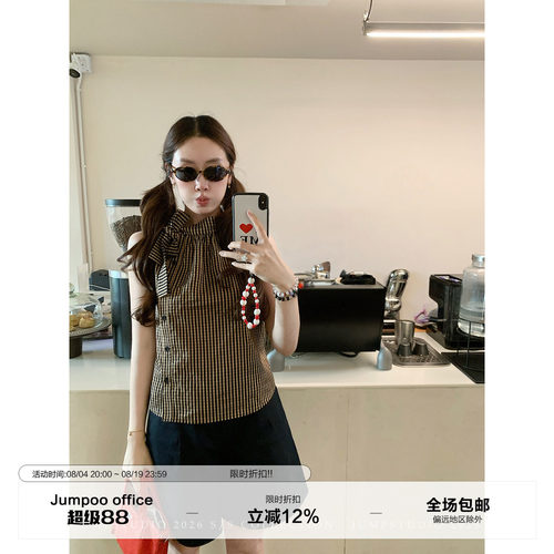 草莓跳 韩系复古格子蝴蝶结系带无袖衬衫女夏季设计感显瘦衬衣