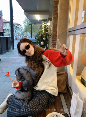 草莓跳 撞色印花加厚插肩袖T恤女冬季复古宽松显瘦内搭纯棉上衣