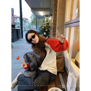 复古宽松显瘦内搭纯棉上衣 T恤女冬季 草莓跳 撞色印花加厚插肩袖