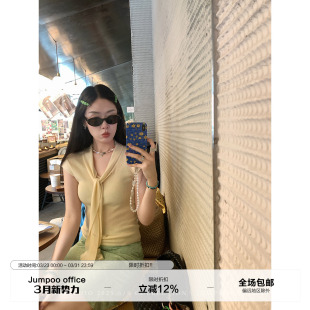 法式 设计感修身 披肩飘带短袖 女夏季 显瘦绵羊毛上衣 针织衫 草莓跳