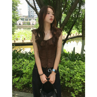 荷叶边短袖 女复古收腰修身 法式 衬衫 设计感方领上衣潮 夏季 2025新款