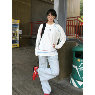 T恤女宽松休闲美式 白色圆领长袖 复古撞色明线后背字母印花上衣潮