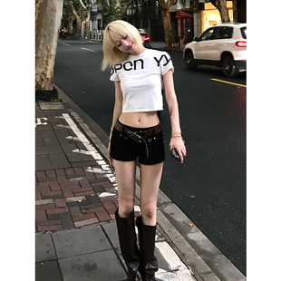 复古简约字母印花白色短款 正肩基础款 显瘦美式 短袖 上衣 T恤女修身