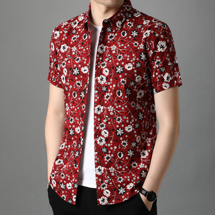 花衬衫男短袖纯棉夏季薄款夏威夷碎花时尚潮流男士全棉印花衬衣潮