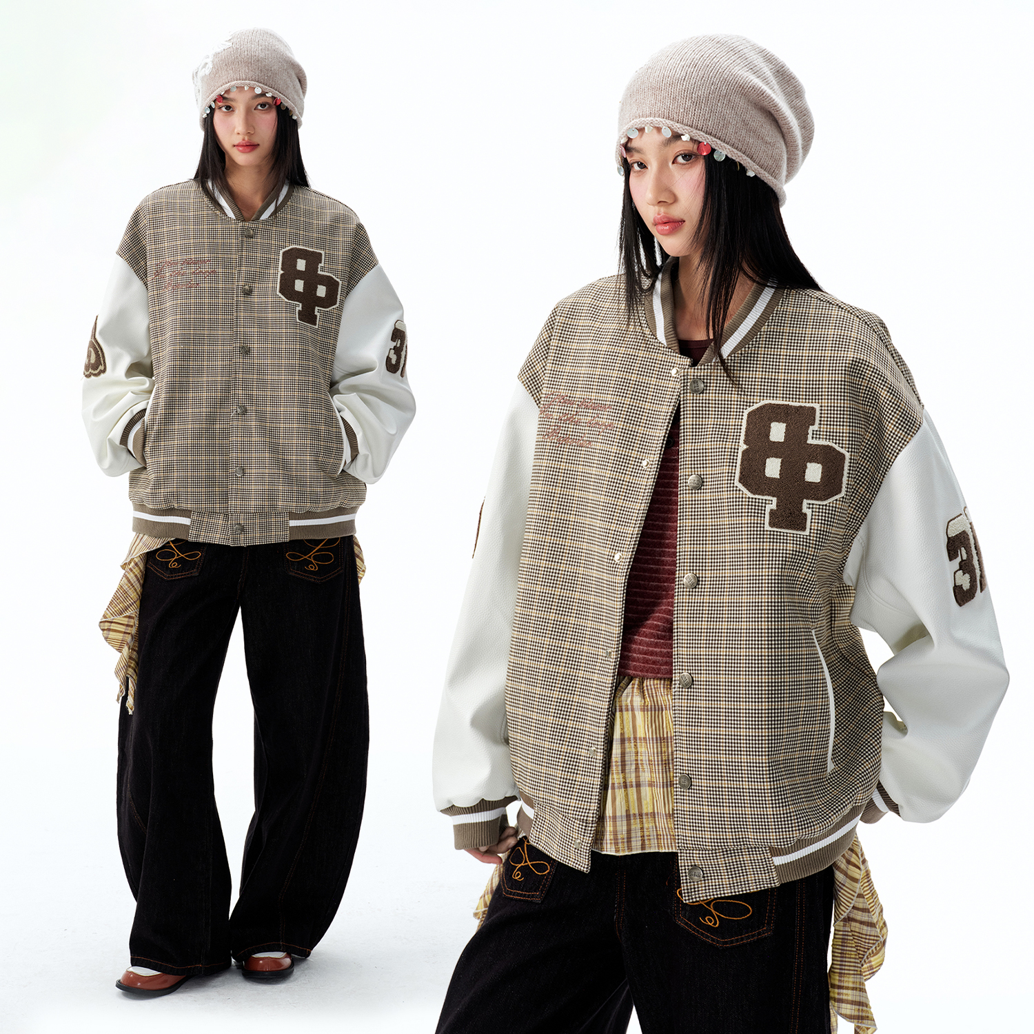 BIPOLAR千鸟格拼接棒球夹克