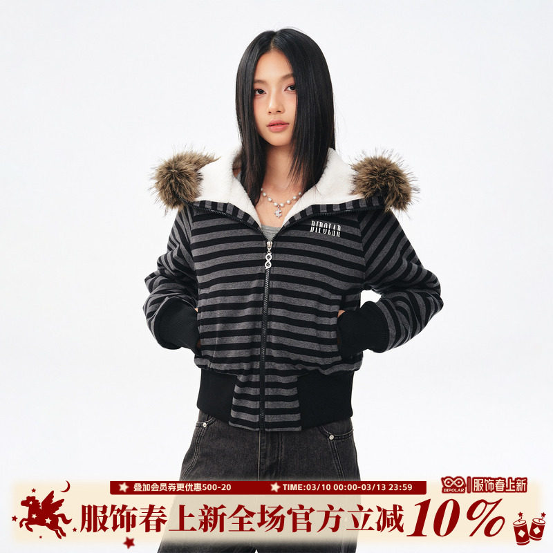 BIPOLAR条纹毛领拉链连帽短款收腰棉服美式街头冬季显瘦保暖外套