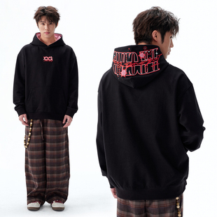 男士 新款 外套上衣 宽松潮牌秋季 BIPOLAR星芒珍珠格子连帽卫衣美式