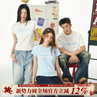 BIPOLAR云朵蕾丝贴布短袖 休闲圆领T恤韩系浅色系上衣国潮情侣 美式