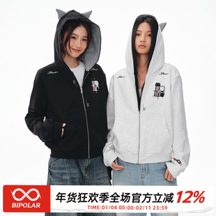 BIPOLAR黑猫三拼短款开衫卫衣国潮美式休闲宽松短款上衣外套秋女