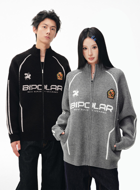 BIPOLAR提花运动拉链毛衣美式街头痞帅立领开衫男机能感外套情侣