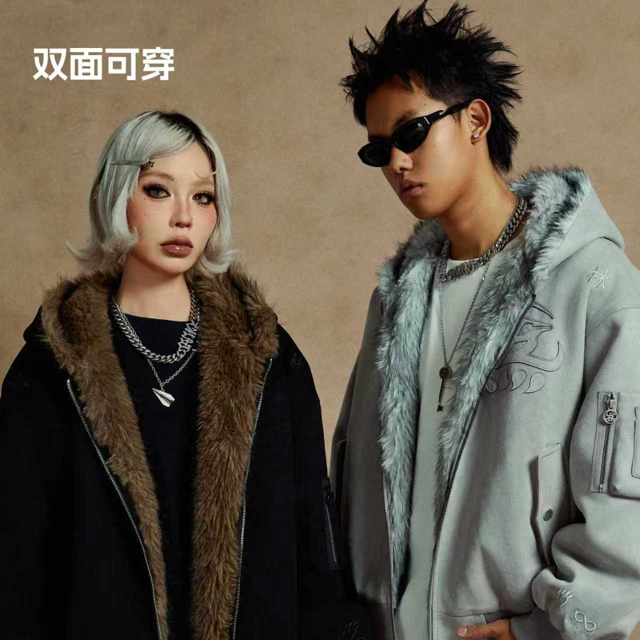 G-BLOCK「四炁合一」联名 麂皮毛领座山雕外套 双面穿连帽棉服冬