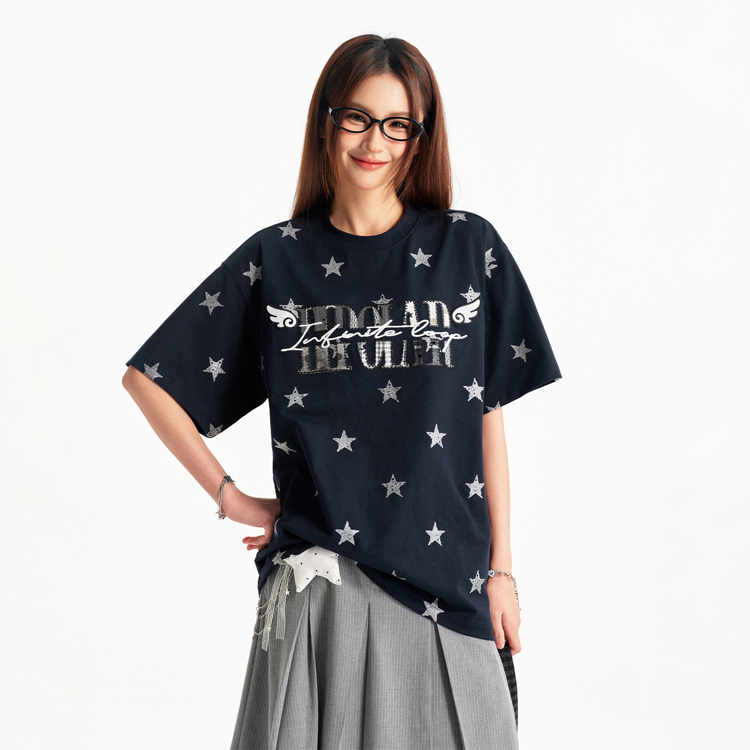 BIPOLAR闪粉星星贴布短袖T恤韩系设计感圆领百搭上衣女夏季ins风