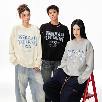 BIPOLAR青花瓷贴布圆领毛衣