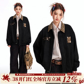 BIPOLAR豹纹翻领贴布麂皮夹克美式 复古休闲上衣百搭显瘦春秋新款