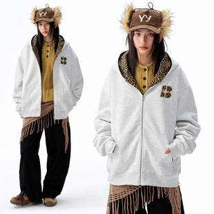 BIPOLAR豹纹贴布猫耳开衫 潮 卫衣设计感休闲宽松拉链上衣情侣新款