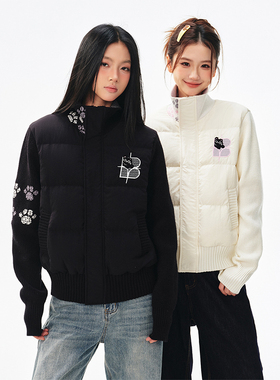 BIPOLAR黑猫提花毛织拼接羽绒服修身立领保暖上衣外套女韩系秋冬