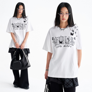 BIPOLAR蝴蝶断字短袖T恤休闲圆领宽松基础百搭上衣情侣夏季薄款潮