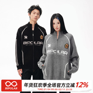 BIPOLAR提花运动拉链毛衣美式街头痞帅立领开衫男机能感外套情侣