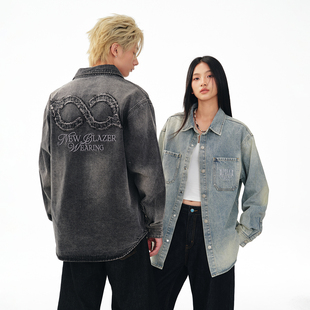 BIPOLAR牛仔洗水破坏长袖 休闲宽松百搭上衣男潮牌街头外套女 衬衫