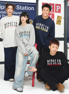 BIPOLAR硅胶立体绣长袖T恤潮基础圆领宽松百搭上衣美式休闲打底衫