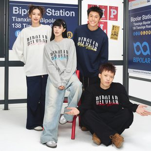 休闲打底衫 BIPOLAR硅胶立体绣长袖 T恤潮基础圆领宽松百搭上衣美式