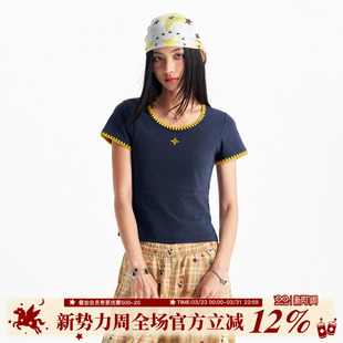 显瘦百搭上衣夏韩系ins风女 T恤正肩短款 BIPOLAR贝壳绣U领修身 短袖