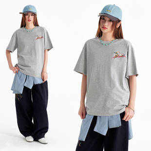 BIPOLAR艺术花草刺绣短袖简约基础宽松T恤百搭圆领美式男上衣女夏