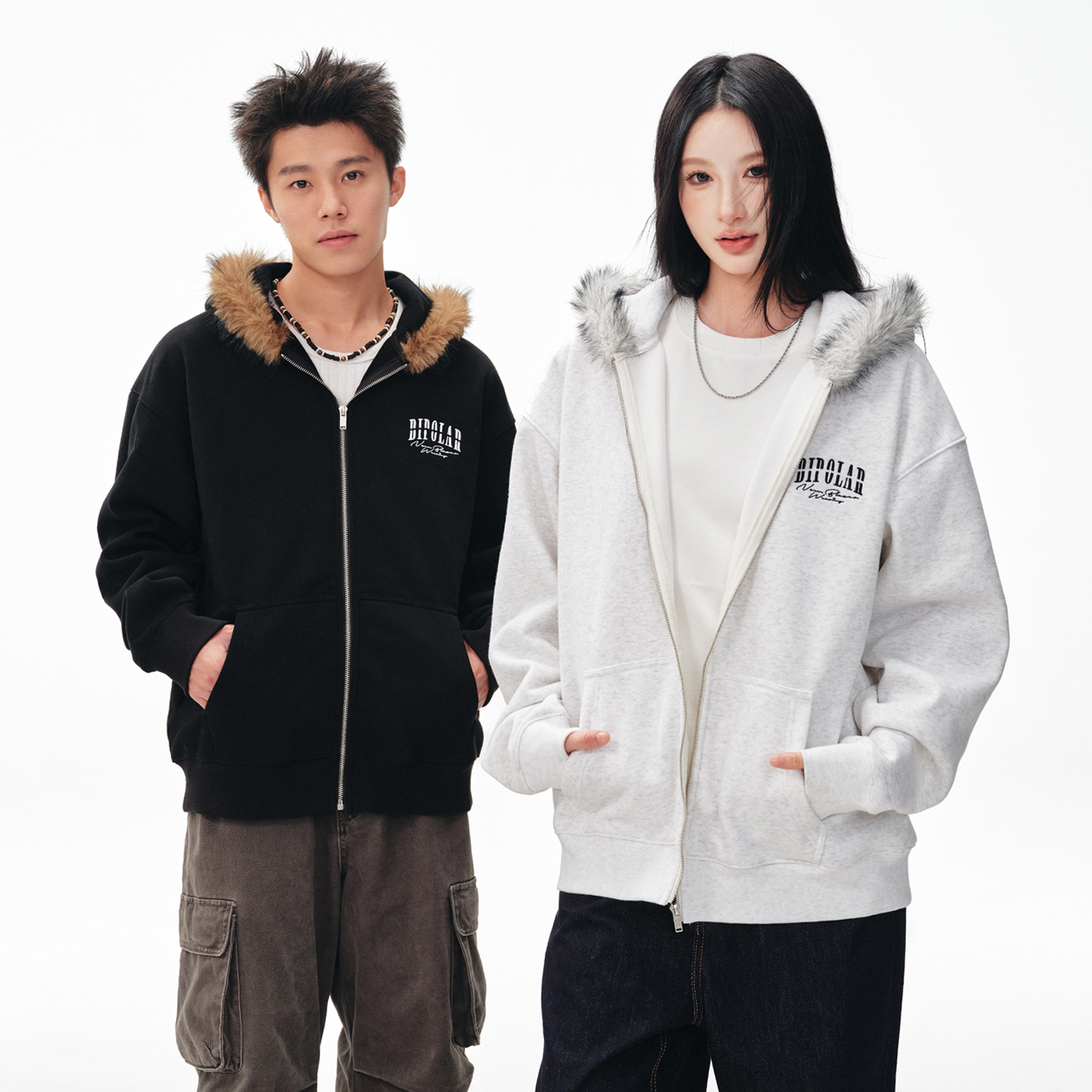 BIPOLAR加绒毛领开衫卫衣