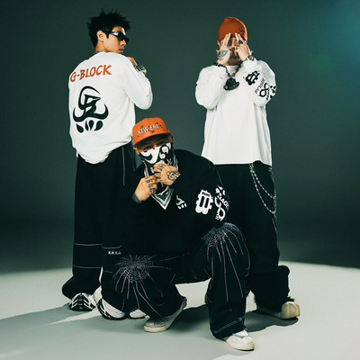 G-BLOCK「四炁合一」联名 长袖T恤 拉浆印花体恤衫宽松上衣tee男