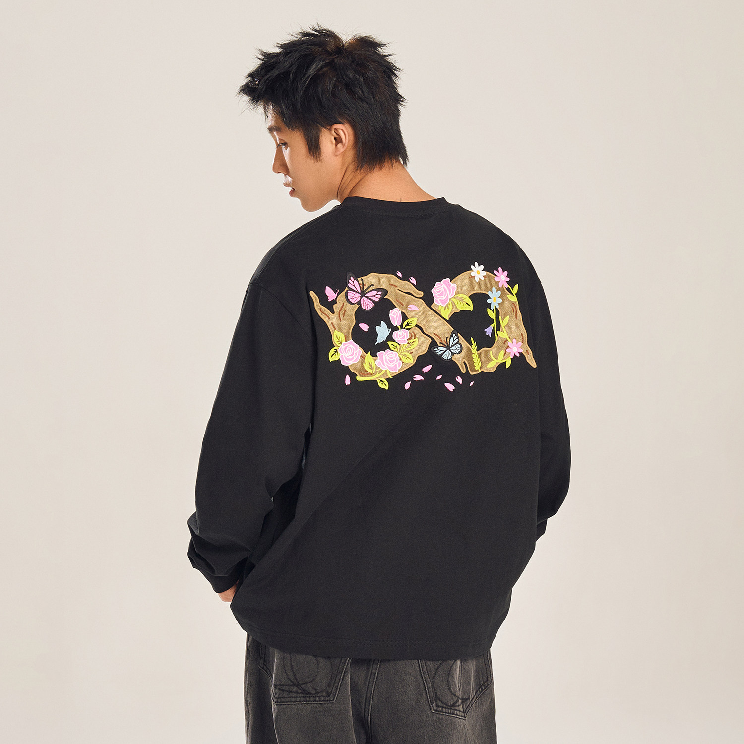 BIPOLAR美式刺绣花朵长袖卫衣圆领复古休闲时尚高级宽松趣味上衣