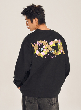 BIPOLAR美式刺绣花朵长袖卫衣圆领复古休闲时尚高级宽松趣味上衣