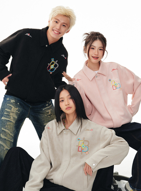 BIPOLAR民族图腾麂皮夹克锁链绣美式休闲宽松上衣外套男秋情侣款