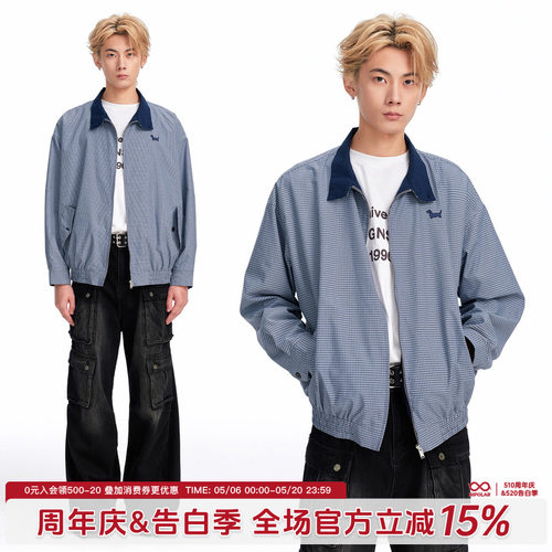 BIPOLAR小狗立领格纹宽松夹克
