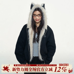 休闲连帽国潮痞帅棉服新款 BIPOLAR仿麂皮绒座山雕毛领冬季 美式