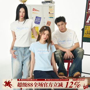 BIPOLAR云朵蕾丝贴布短袖美式休闲圆领T恤韩系浅色系上衣国潮情侣