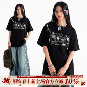 休闲宽松圆领上衣情侣夏薄款 BIPOLAR撞色星星亮片刺绣短袖 T恤美式