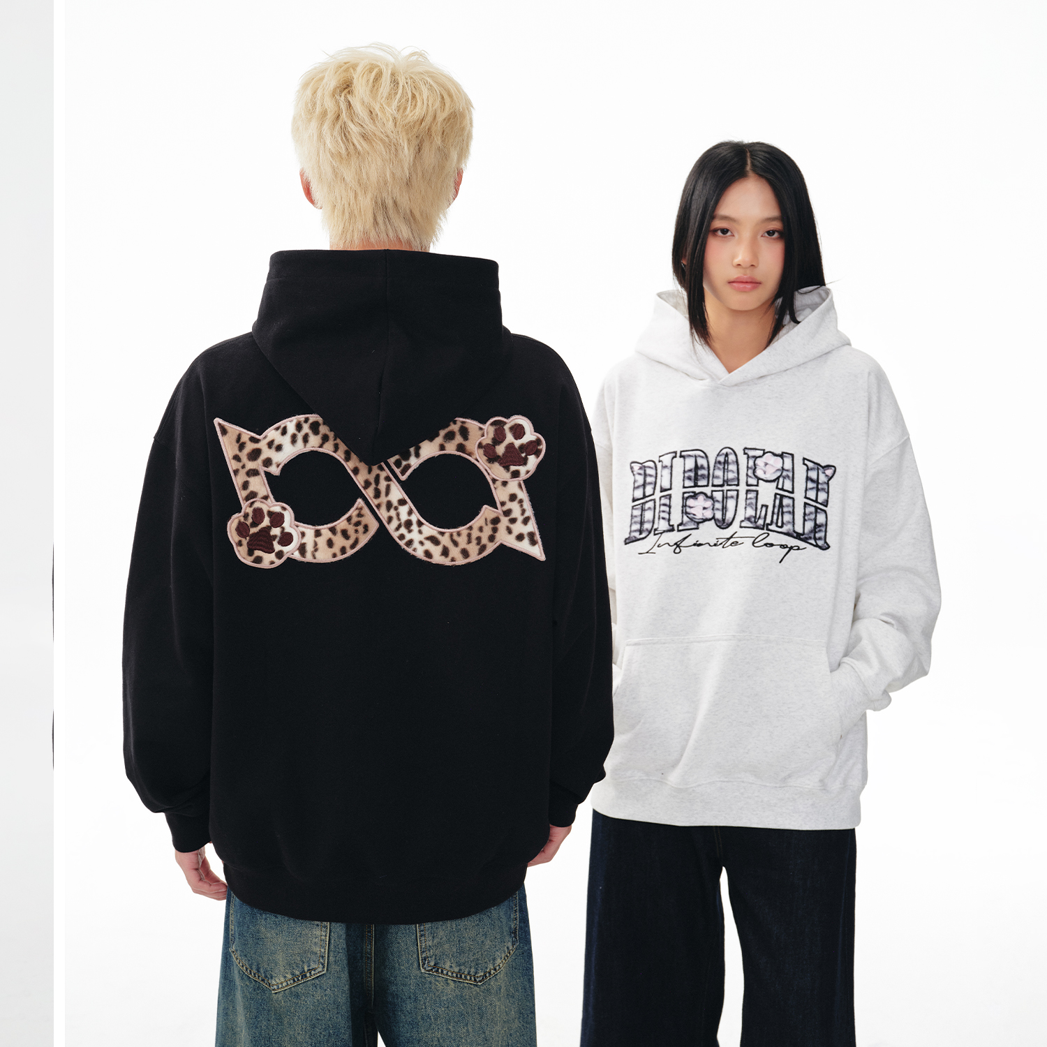 BIPOLAR猫耳毛绒贴布连帽卫衣