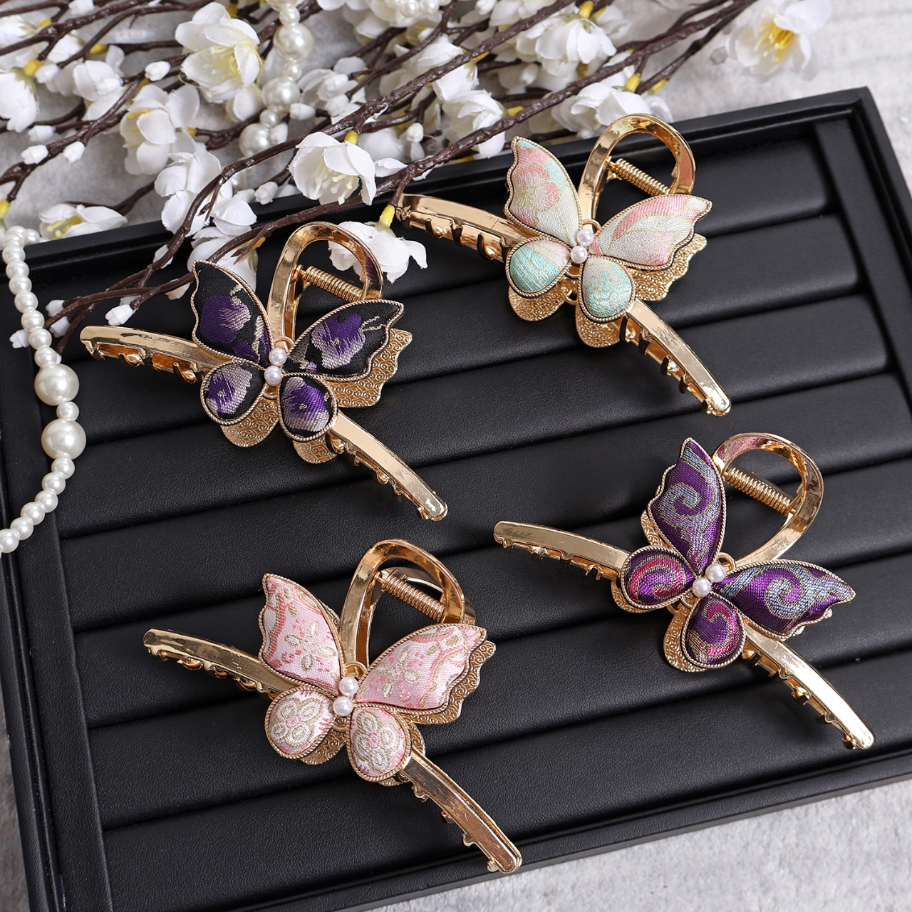 名家真丝宋锦蝴蝶抓夹多发量大号国风古韵旗袍配饰节日生日礼物盒