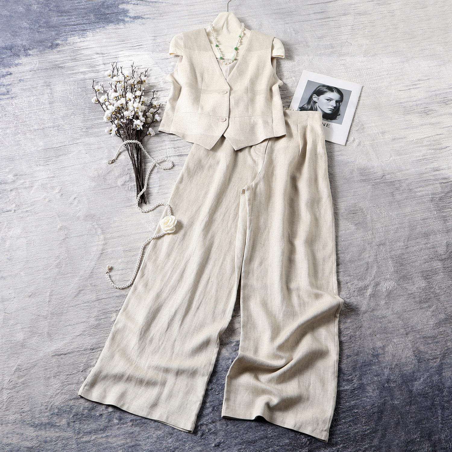专柜同款南油亚麻西服套装女无袖收腰马甲透气宽松显瘦拖地直筒裤