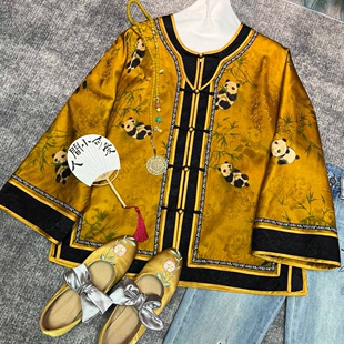 2026早春款新中式国风外套 人丝香云纱熊猫抱竹宽松版对门襟唐装