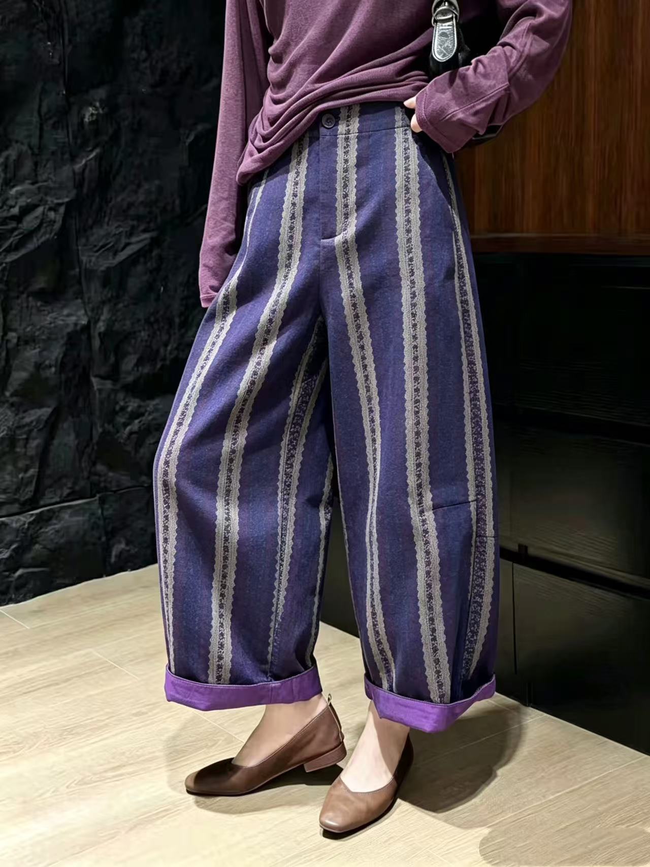 南油高货 秋季新款大牌羊毛混纺色织条纹显瘦度假松弛感休闲裤女